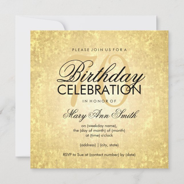 Invitación Relieve metalizado dorado de cumpleaños número 70  (Anverso)