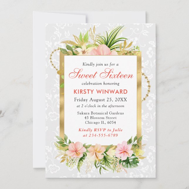 Invitación Relieve metalizado dorado de flores tropicales ros (Anverso)
