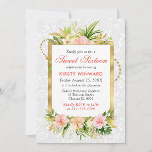Invitación Relieve metalizado dorado de flores tropicales ros