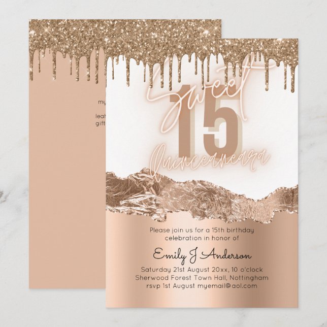Invitación Relieve metalizado dorado de glamour Purpurina Qui (Anverso / Reverso)