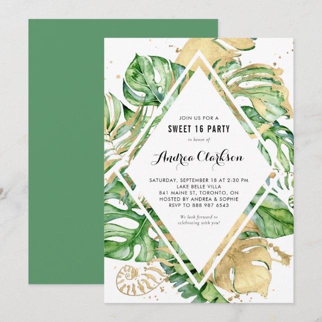 Invitación Relieve metalizado dorado de hojas tropicales  ver (Anverso / Reverso)