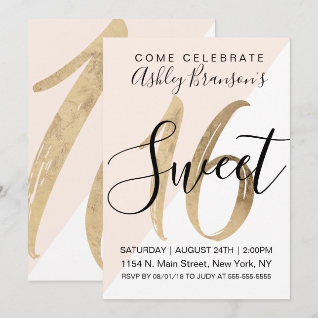 Invitación Relieve metalizado dorado de imitación color rosa  (Anverso / Reverso)