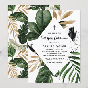 Invitación Relieve metalizado dorado de las hojas tropicales,