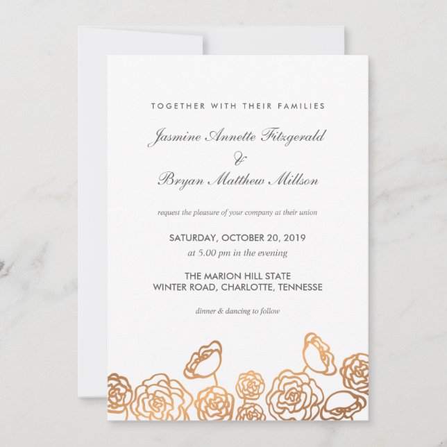 Invitación Relieve metalizado dorado de lujo Boda floral mode (Anverso)