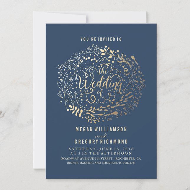Invitación Relieve metalizado dorado de Marina Faux Boda Flor (Anverso)
