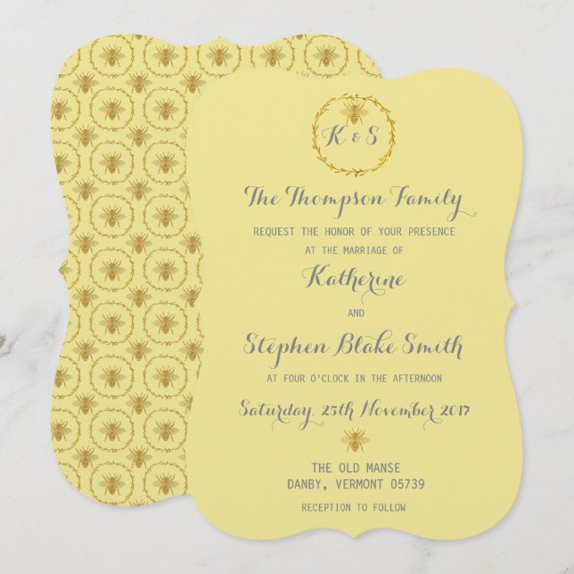 Invitación Relieve metalizado dorado de miel Abejas doradas B (Anverso / Reverso)