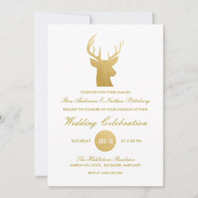 Invitación Relieve metalizado dorado de renos Antler Faux| Bo (Anverso)