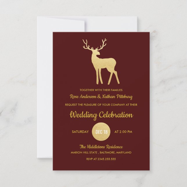 Invitación Relieve metalizado dorado de renos Antler Faux| Bo (Anverso)