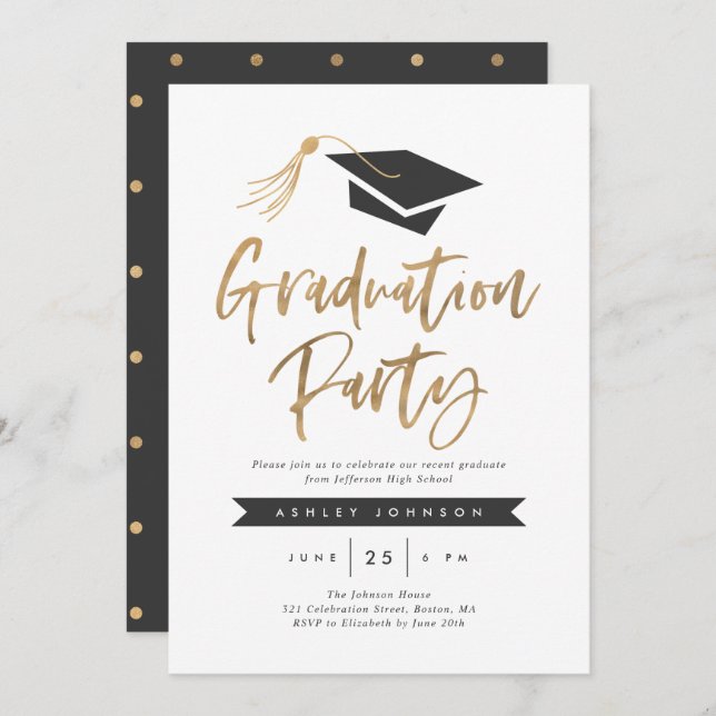 Invitación Relieve metalizado dorado del partido de graduació (Anverso / Reverso)