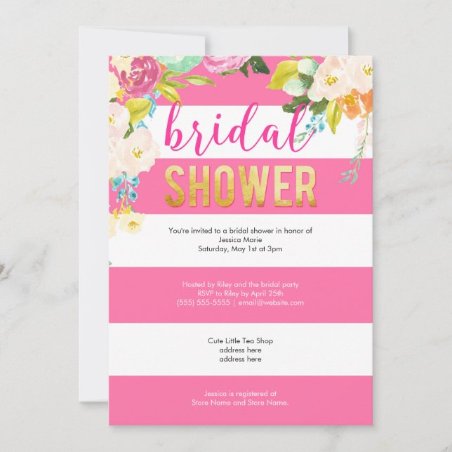 Invitación Relieve metalizado dorado Ducha de novia floral ro (Anverso)