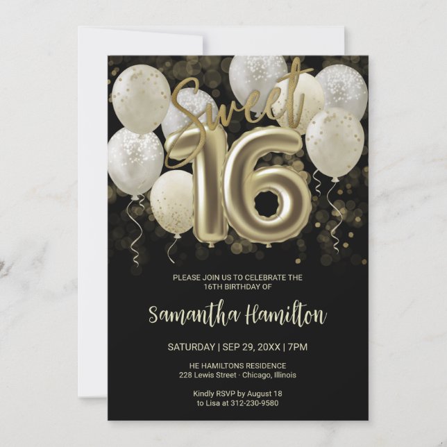 Invitación Relieve metalizado dorado dulce 16 Fiesta de los g (Anverso)