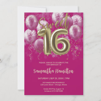 Invitación Relieve metalizado dorado dulce 16 globos de cumpl