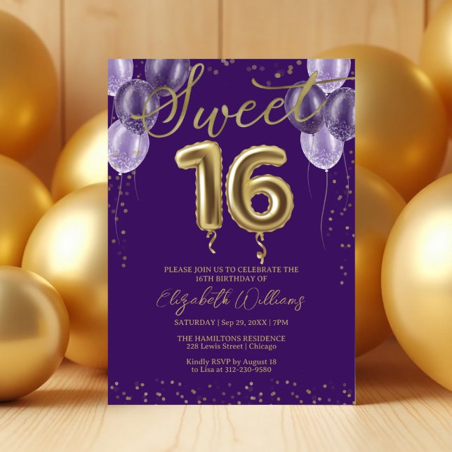 Invitación Relieve metalizado dorado dulce 16 globos de cumpl (Subido por el creador)