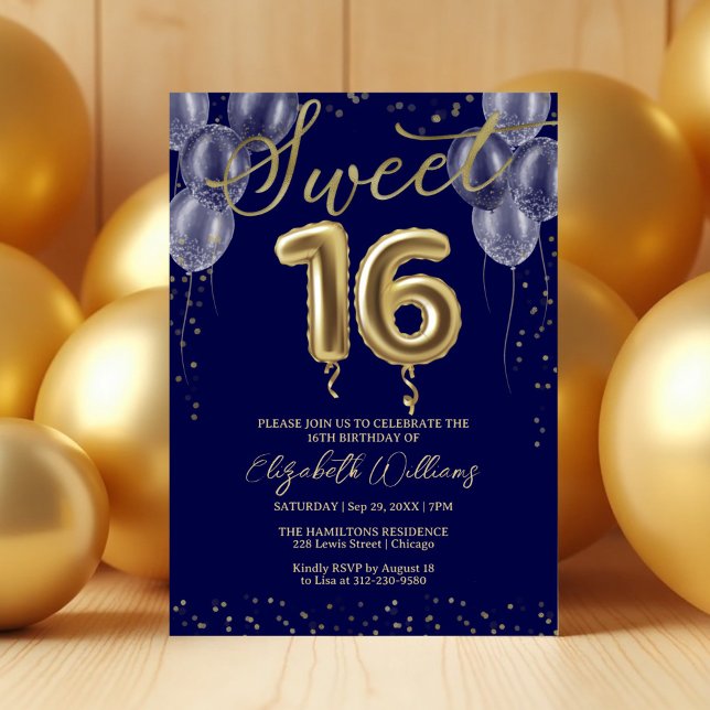 Invitación Relieve metalizado dorado dulce 16 globos de cumpl (Subido por el creador)