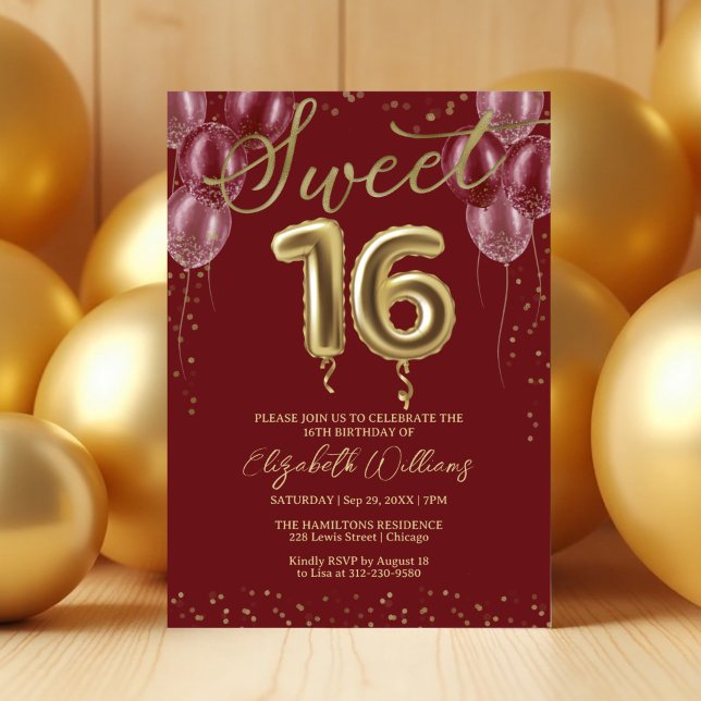 Invitación Relieve metalizado dorado dulce 16 globos de cumpl (Subido por el creador)