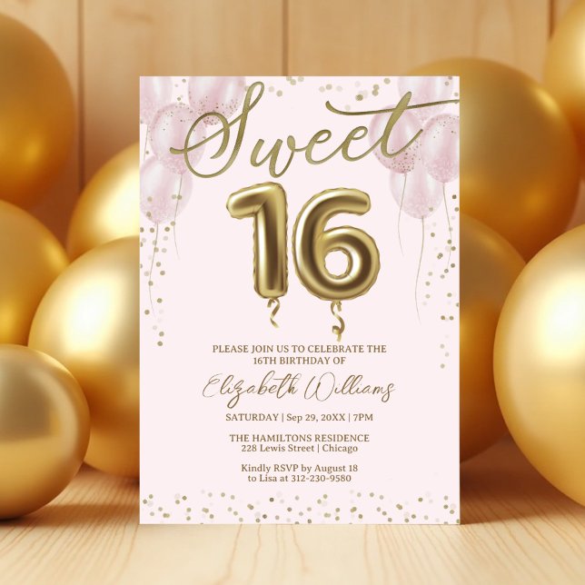 Invitación Relieve metalizado dorado dulce 16 globos de cumpl (Subido por el creador)