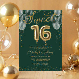 Invitación Relieve metalizado dorado dulce 16 Globos de cumpl