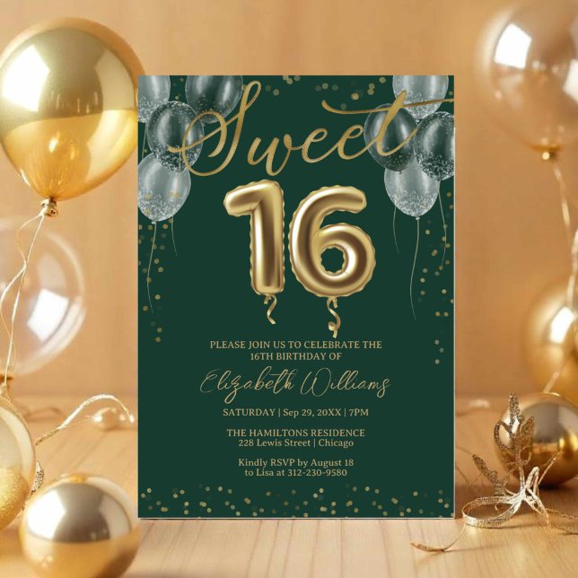 Invitación Relieve metalizado dorado dulce 16 Globos de cumpl (Subido por el creador)