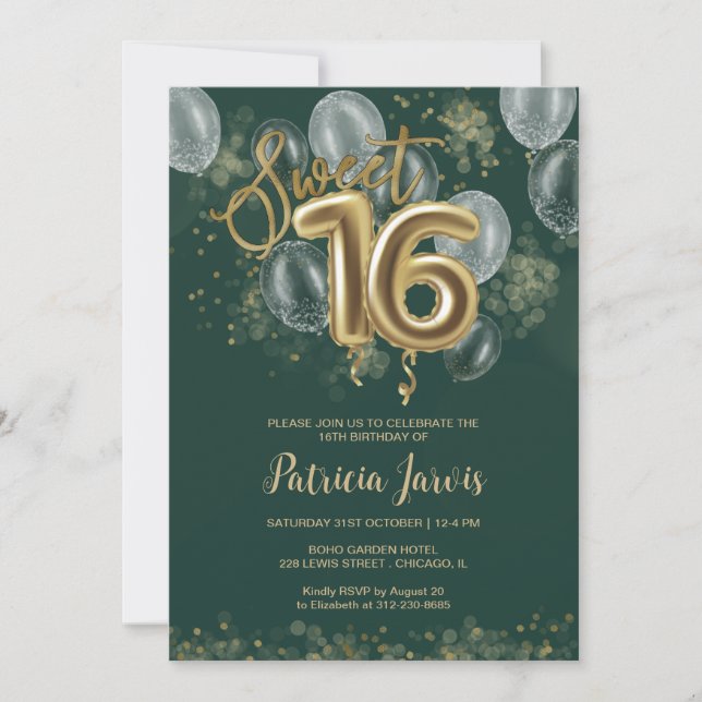Invitación Relieve metalizado dorado dulce 16 globos Fiesta E (Anverso)