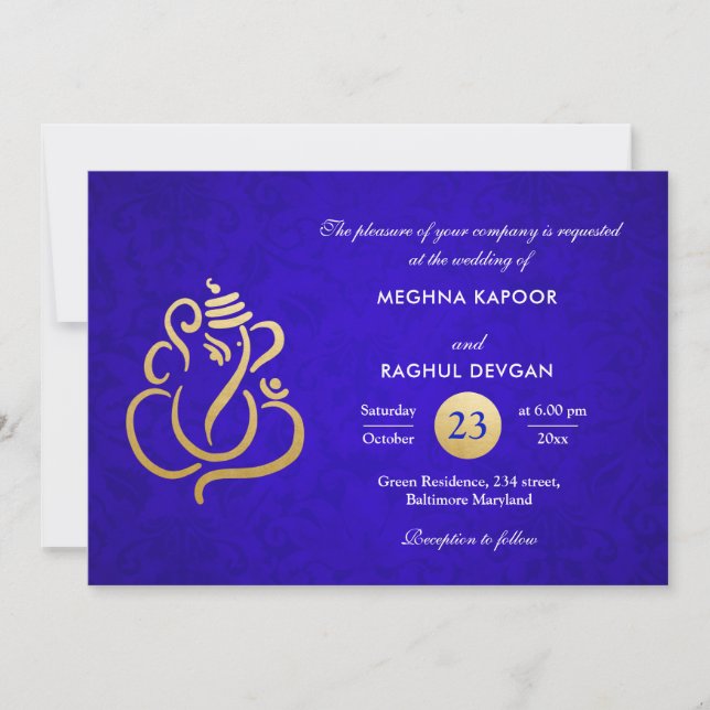 Invitación Relieve metalizado dorado Elegante Azul Ganesha Da (Anverso)