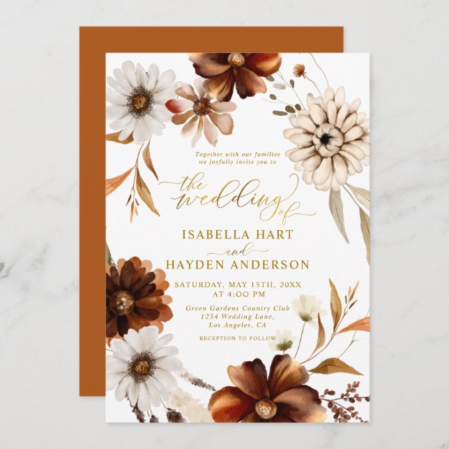 Invitación Relieve metalizado dorado Elegante Boda del Boho B (Anverso / Reverso)