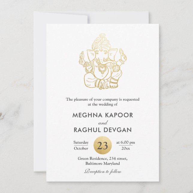 Invitación Relieve metalizado dorado elegante de Faux Ganpati (Anverso)
