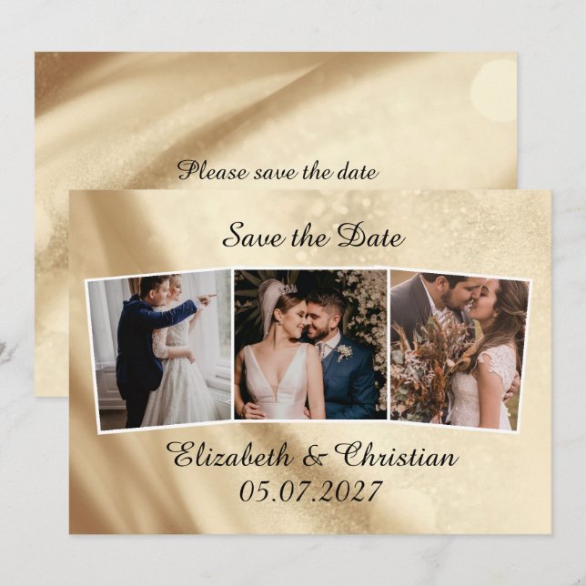 Invitación Relieve metalizado dorado Elegante De Tres Fotos A (Anverso / Reverso)