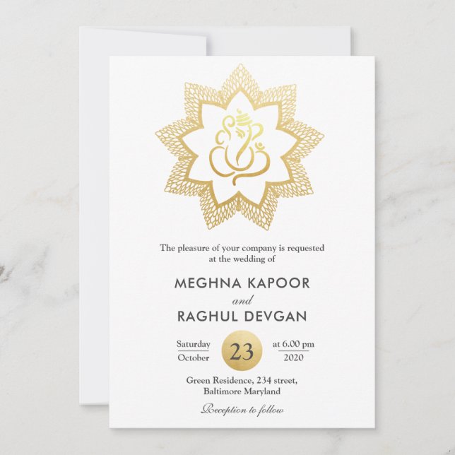 Invitación Relieve metalizado dorado elegante Ganesha| Boda d (Anverso)