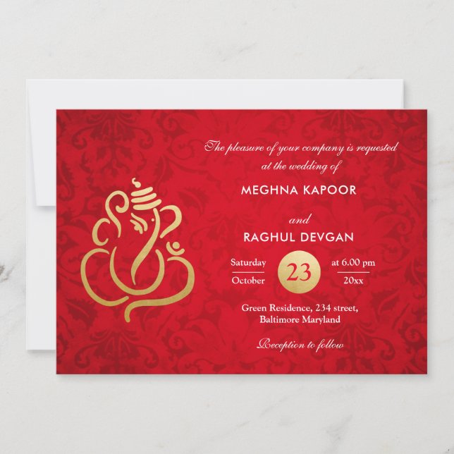 Invitación Relieve metalizado dorado elegante rojo Ganesha Da (Anverso)