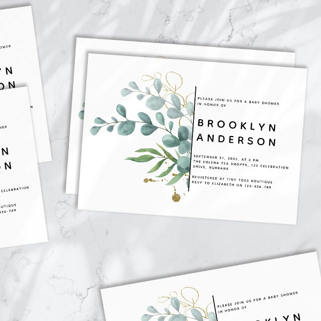 Invitación Relieve metalizado dorado Eucalyptus Greenery Baby (Subido por el creador)