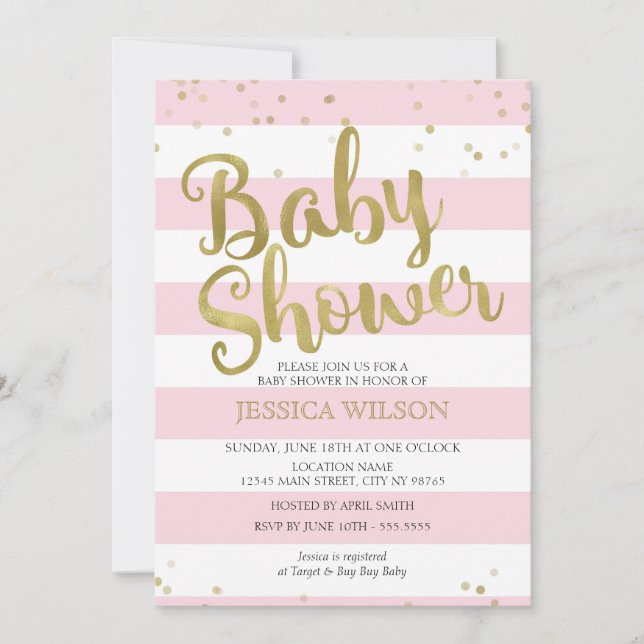 Invitación Relieve metalizado dorado falso, Chica Baby Shower (Anverso)