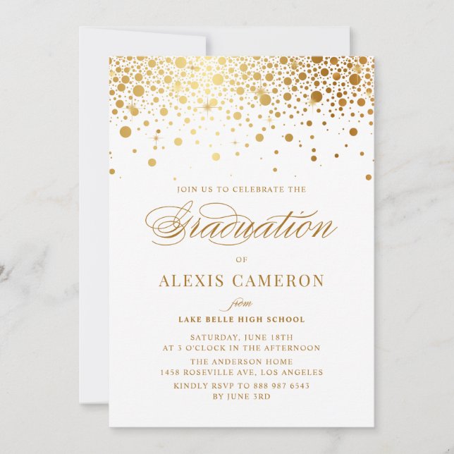 Invitación Relieve metalizado dorado falso Confetti Dots Grad (Anverso)