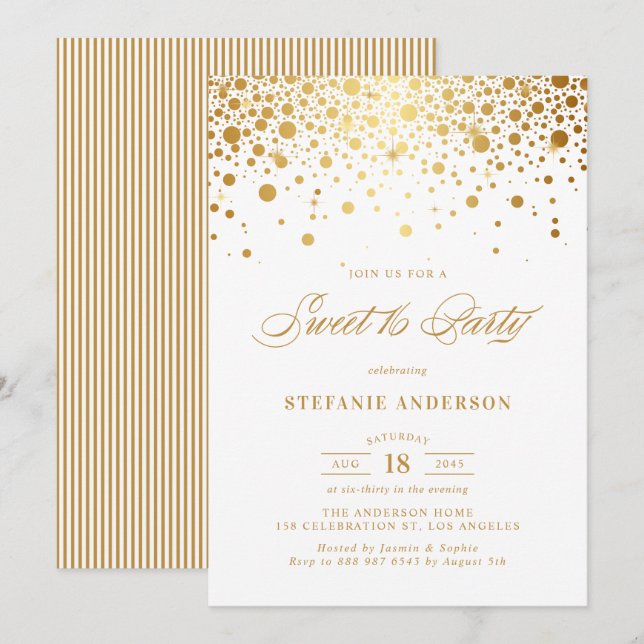 Invitación Relieve metalizado dorado falso Confetti Dots Swee (Anverso / Reverso)