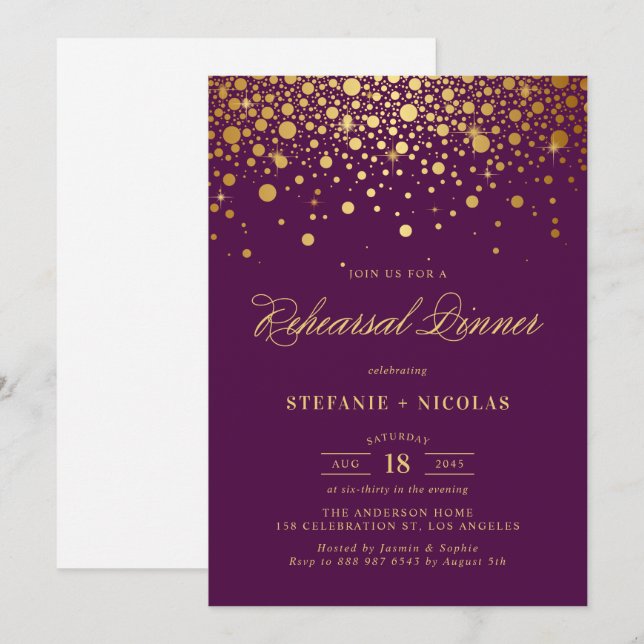 Invitación Relieve metalizado dorado falso Confetti Morado en (Anverso / Reverso)