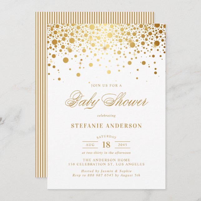 Invitación Relieve metalizado dorado falso confetti puntos Ba (Anverso / Reverso)