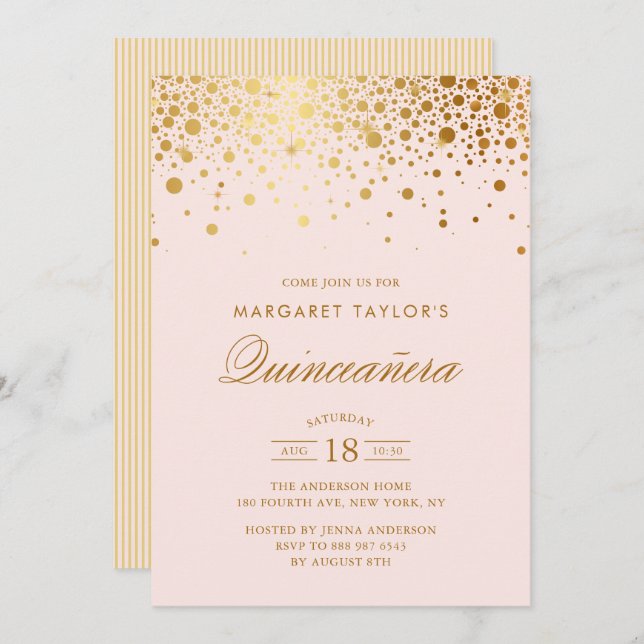 Invitación Relieve metalizado dorado falso Confetti Rubor Ros (Anverso / Reverso)