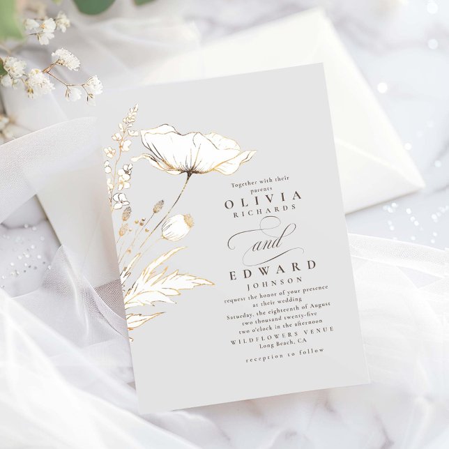 Invitación Relieve metalizado dorado falso flores silvestres  (Wildflowers Elegant Wedding Invitation)