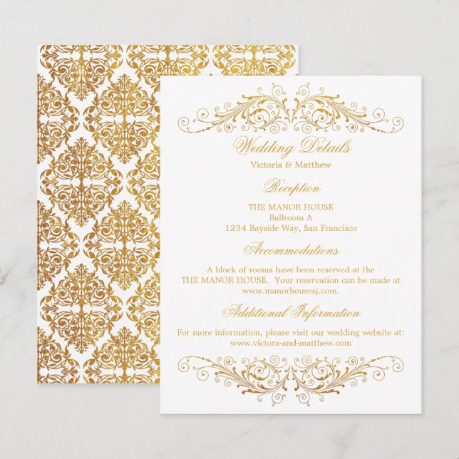 Invitación Relieve metalizado dorado falso Flourish Damask We (Anverso / Reverso)