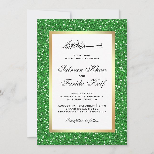 Invitación Relieve metalizado dorado falso Purpurina verde Bo (Anverso)