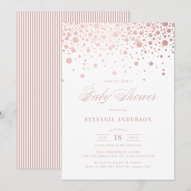Invitación Relieve metalizado dorado falso Rosa Confetti Baby (Anverso / Reverso)