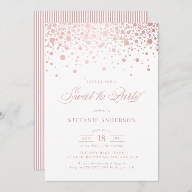 Invitación Relieve metalizado dorado falso Rosa Confetti Dots (Anverso / Reverso)