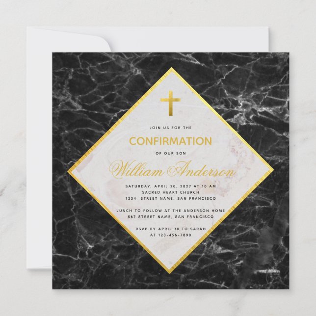 Invitación Relieve metalizado dorado Faux de Mármol Blanco y  (Anverso)
