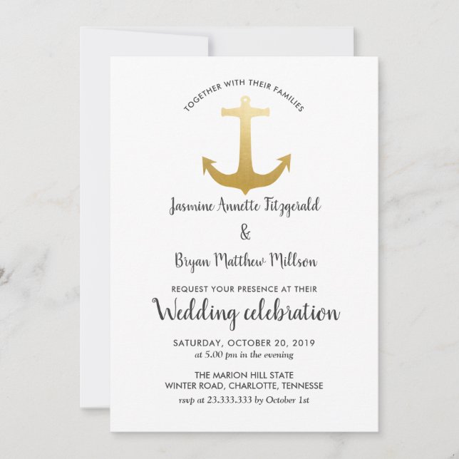 Invitación Relieve metalizado dorado Faux Nautical| Boda oceá (Anverso)