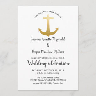 Invitación Relieve metalizado dorado Faux Nautical  Boda oceá