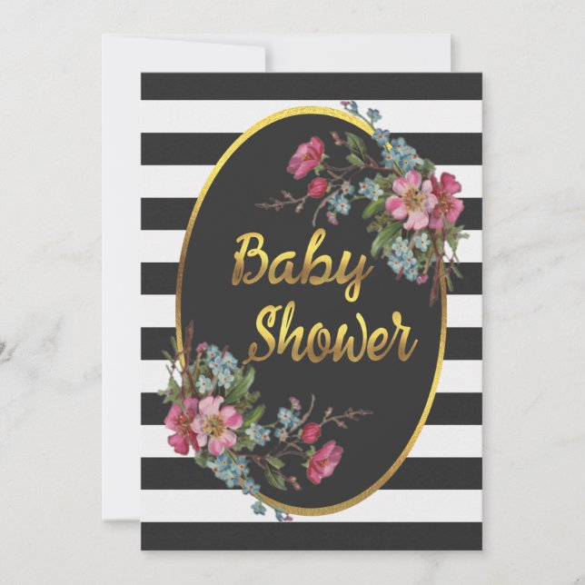 Invitación Relieve metalizado dorado floral Baby Shower Banda (Anverso)
