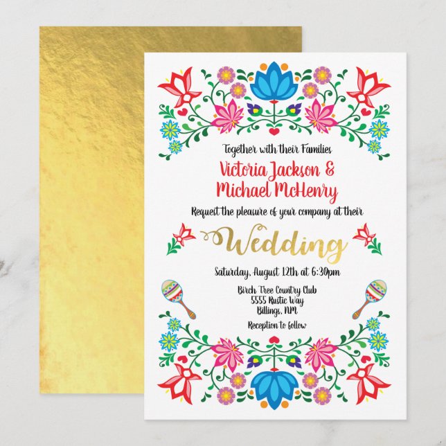 Invitación Relieve metalizado dorado Floral Boda mexicana Fie (Anverso / Reverso)