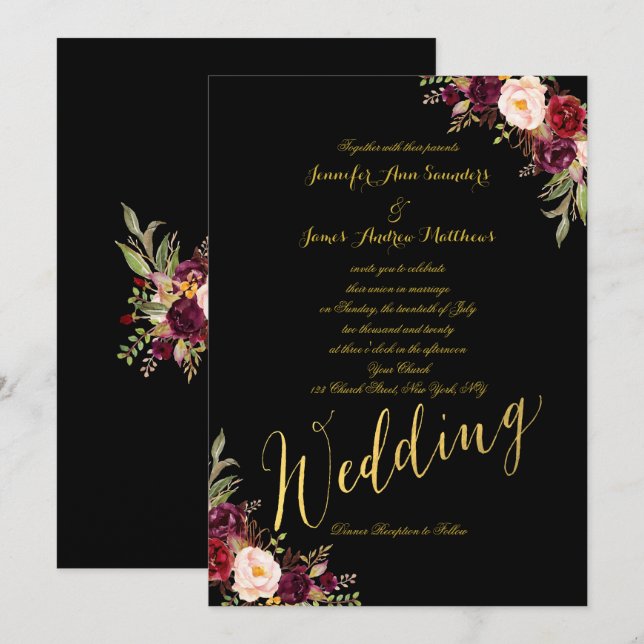 Invitación Relieve metalizado dorado floral borgoña Invitació (Anverso / Reverso)