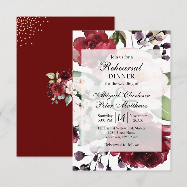 Invitación Relieve metalizado dorado floral borgoñés Boda ens (Anverso / Reverso)