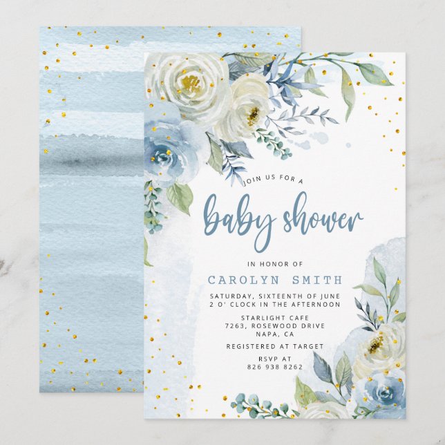 Invitación Relieve metalizado dorado Floral de rosas azules y (Anverso / Reverso)