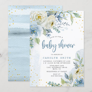 Invitación Relieve metalizado dorado Floral de rosas azules y